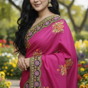 Premium Embroidery Semi Moslin Sharee গোলাপি মেরুন