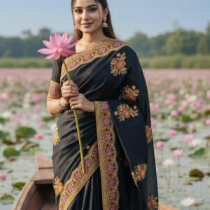 Premium Embroidery Semi Moslin Sharee গাঢ় চারকোল