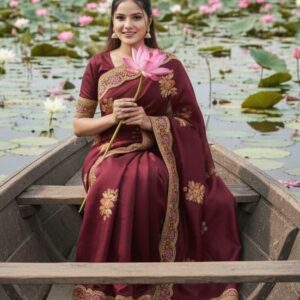 Premium Embroidery Semi Moslin Sharee গাঢ় মেরুন